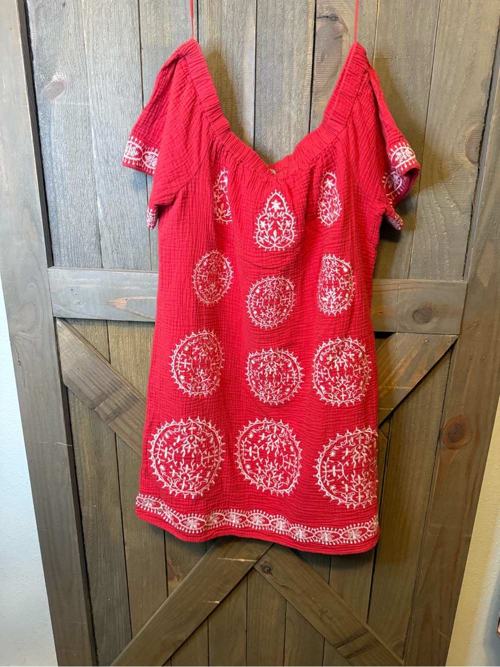 Skies Are Blue Red Embroidered Off-Shoulder Dress